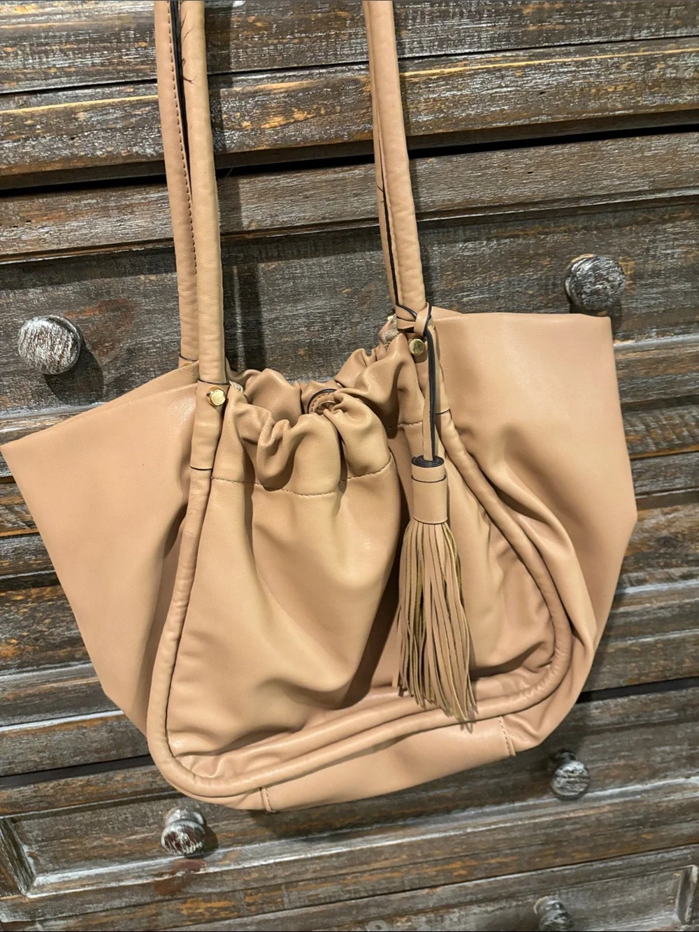 Neutral Tan Drawstring Shoulder Tote with Tassel Accent
